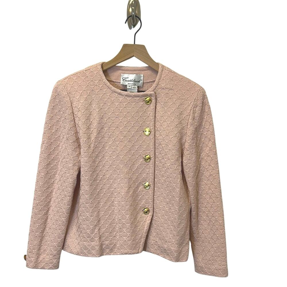 Castlebrook Tweed Jacket Cardigan Sz 14P Pink Textured Gold Button Vintage Chic